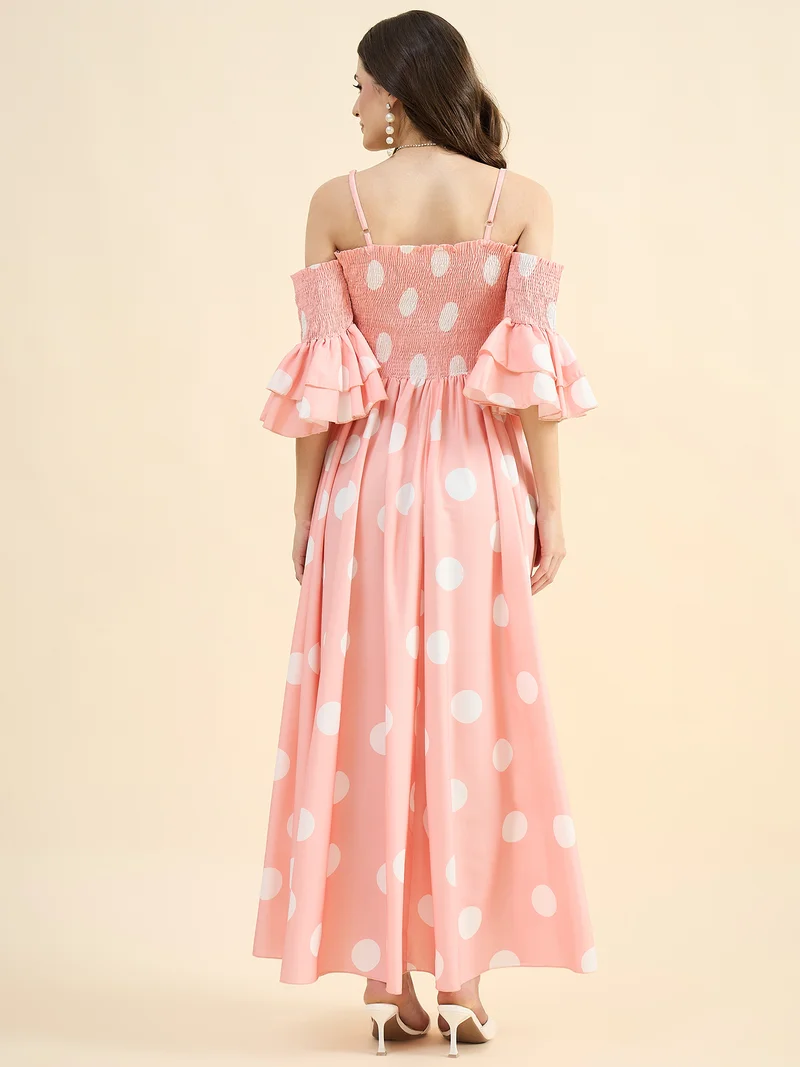 Panit PANIT Pink Base and White Polka Dot Printed Maxi Dress