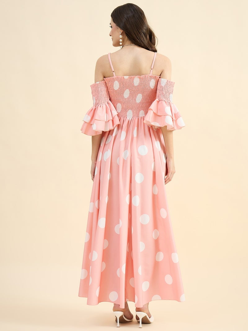 PANIT Pink Base and White Polka Dot Printed Maxi Dress - Image 1