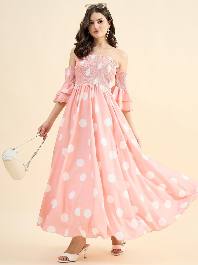 بانيت فستان ماكسي منقّط (Polka Dot) - قاعدة وردية مع نقاط بيضاء - Image 4