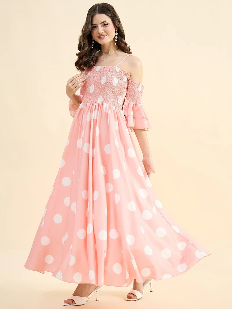 Panit PANIT Pink Base and White Polka Dot Printed Maxi Dress