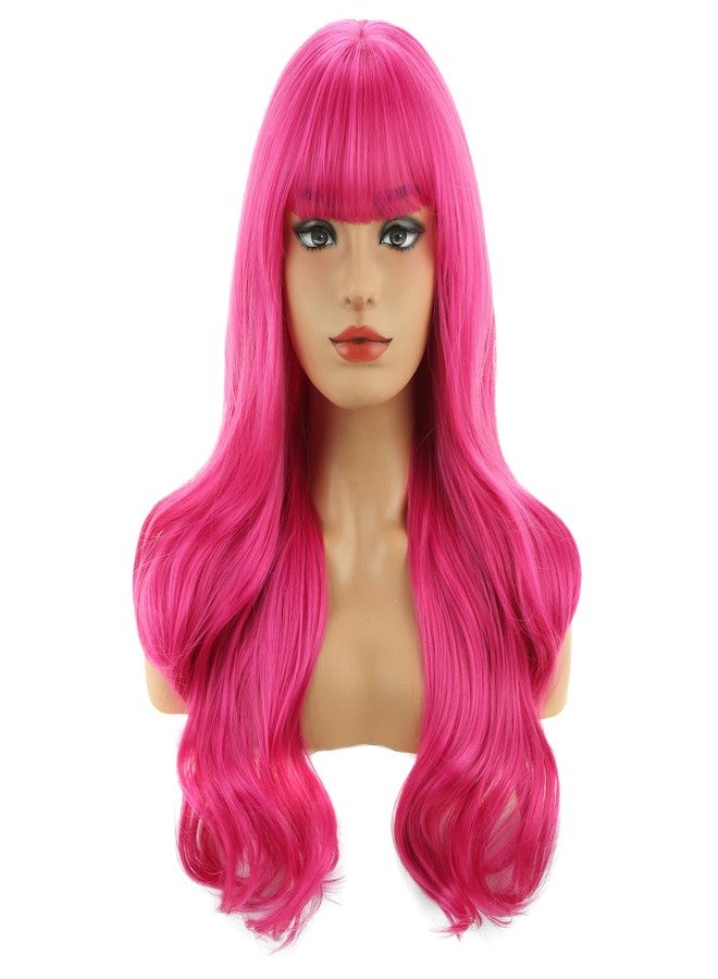 MAGQOO Hot Pink Wigs for Women Girls Long Curly Wavy Neon Dark Pink Wig with Bangs Meganta Halloween Cosplay Costume Party Wig - Image 1