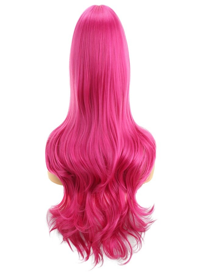 MAGQOO Hot Pink Wigs for Women Girls Long Curly Wavy Neon Dark Pink Wig with Bangs Meganta Halloween Cosplay Costume Party Wig - Image 3