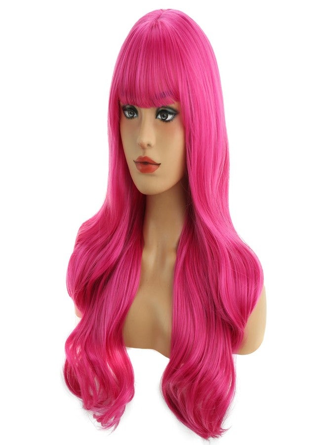 MAGQOO Hot Pink Wigs for Women Girls Long Curly Wavy Neon Dark Pink Wig with Bangs Meganta Halloween Cosplay Costume Party Wig - Image 2