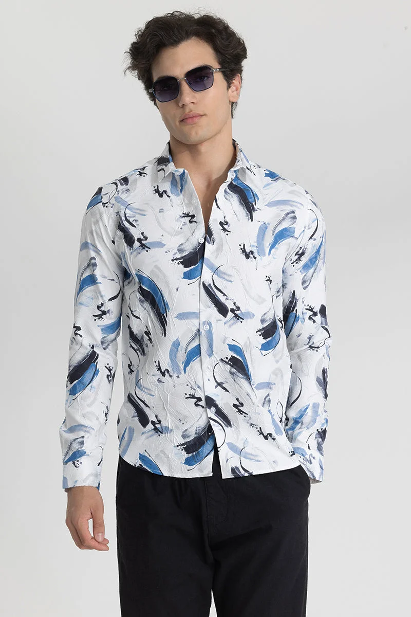 سنيتش White Abstract Long Sleeve Slim Fit Casual Shirt