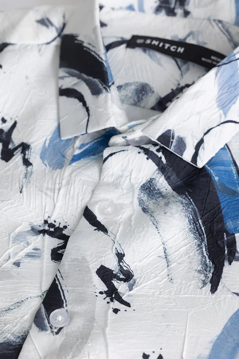سنيتش White Abstract Long Sleeve Slim Fit Casual Shirt