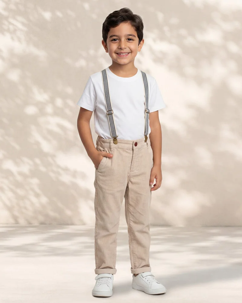 REDTAG Boys Beige Striped Suspender Trousers