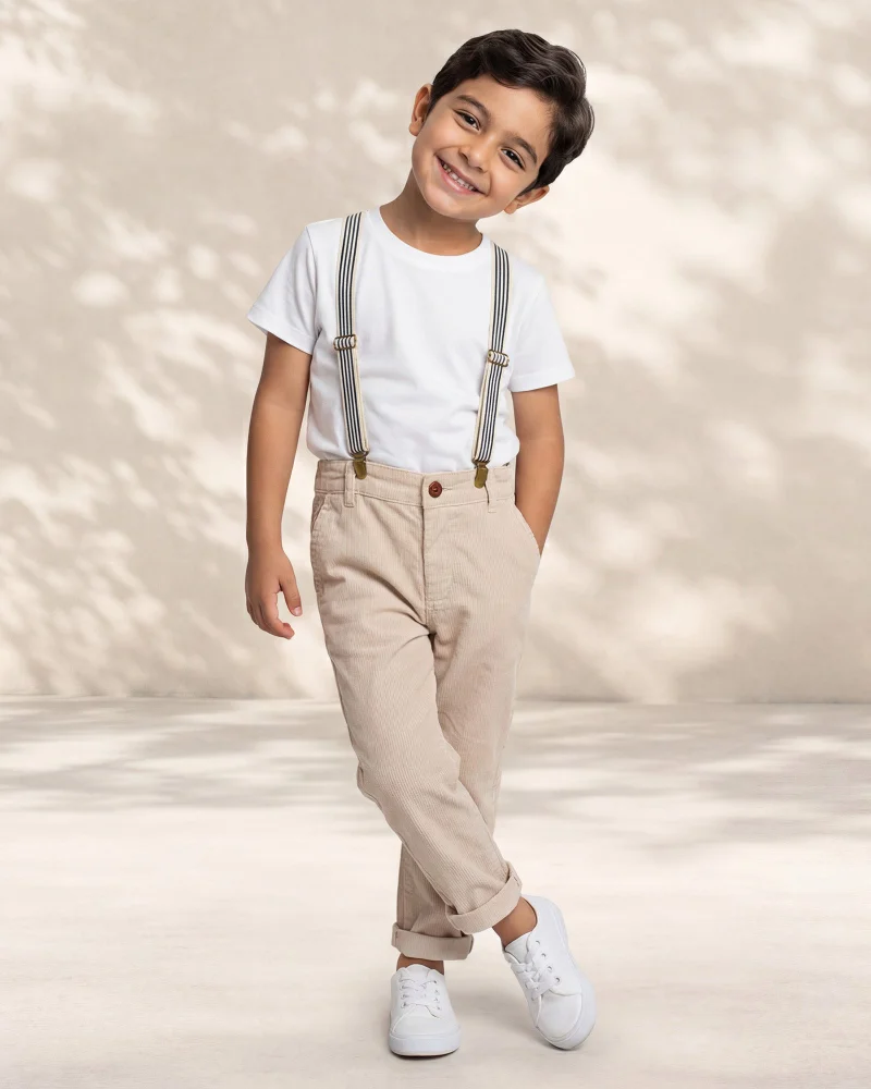 REDTAG Boys Beige Striped Suspender Trousers