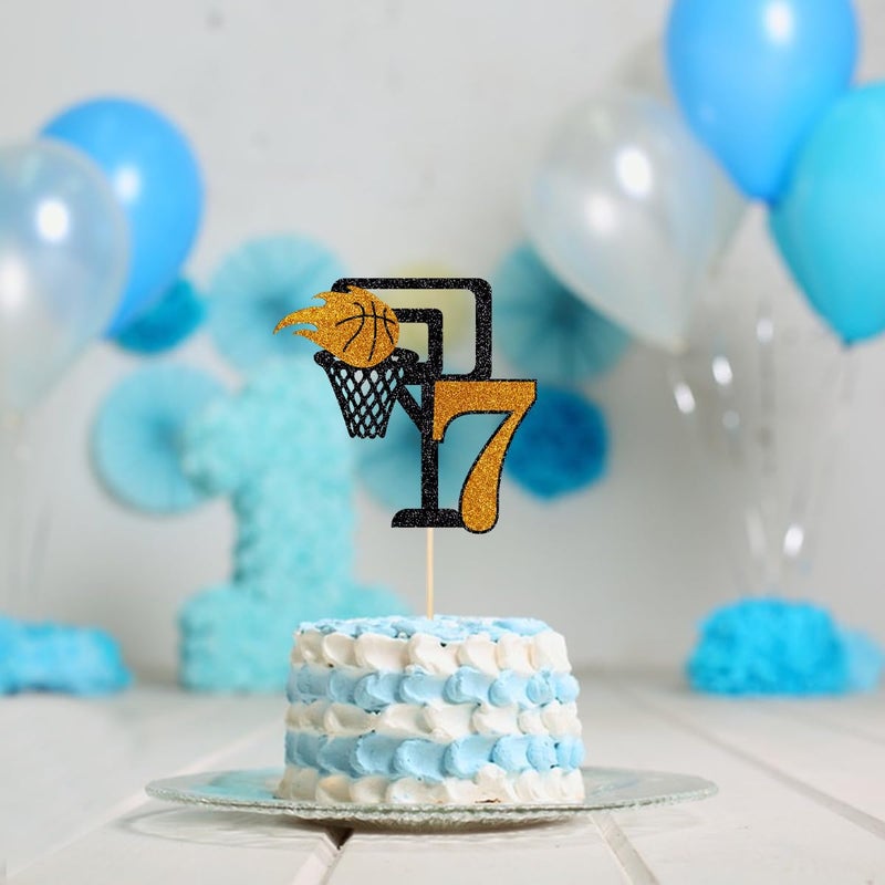 Yetxel Basketball 7th Birthday Cake Topper  Basketball theme happy birthday party cake decorations Basketball 7-year-old boy girl children's party cake Topper Happy 7th birthday to basketball cake top hat - Image 3