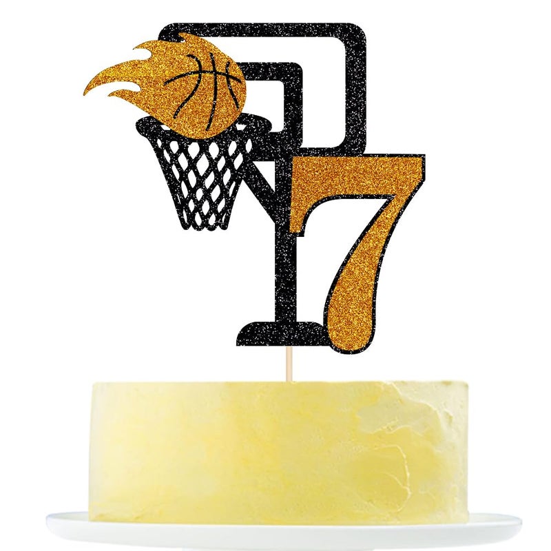 Yetxel Basketball 7th Birthday Cake Topper  Basketball theme happy birthday party cake decorations Basketball 7-year-old boy girl children's party cake Topper Happy 7th birthday to basketball cake top hat - Image 1