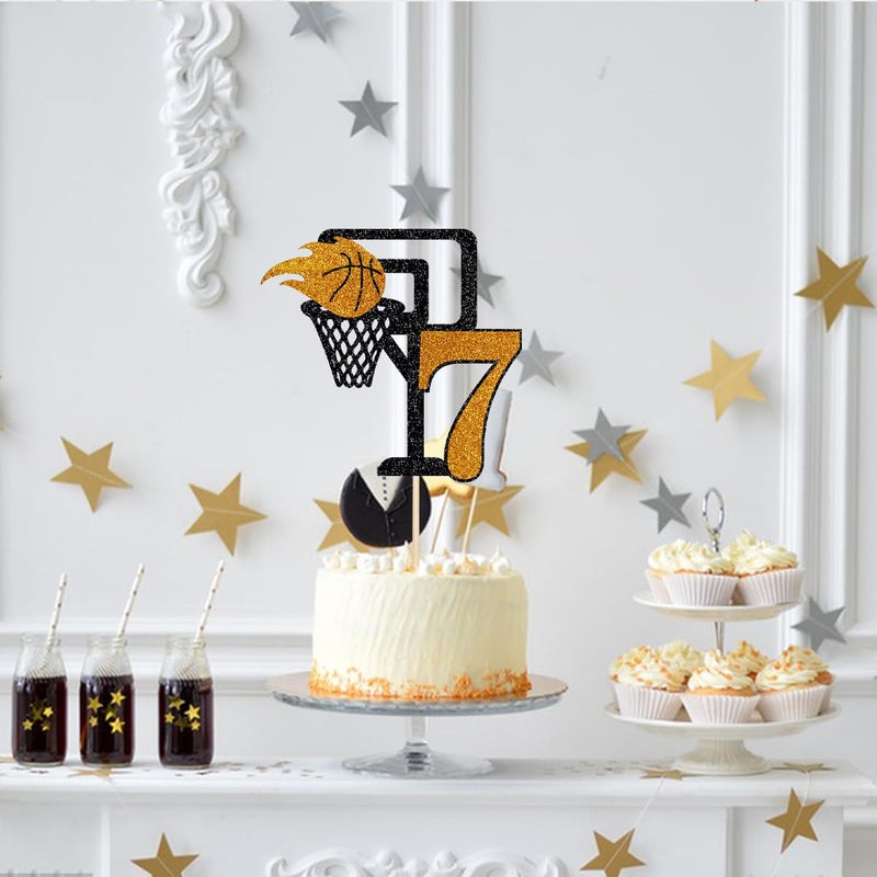Yetxel Basketball 7th Birthday Cake Topper  Basketball theme happy birthday party cake decorations Basketball 7-year-old boy girl children's party cake Topper Happy 7th birthday to basketball cake top hat - Image 2