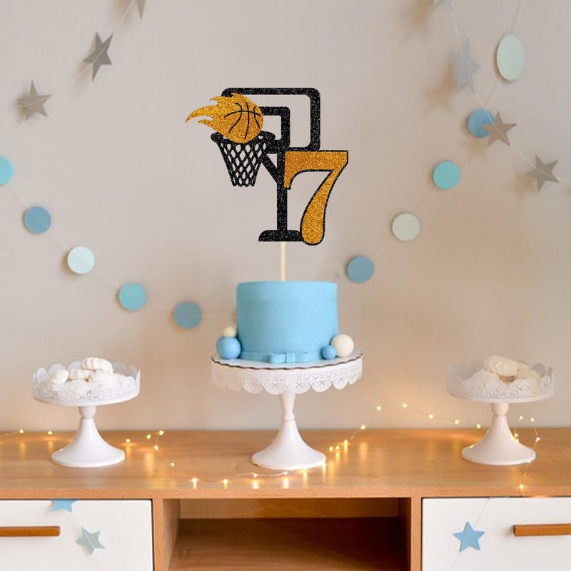 Yetxel Basketball 7th Birthday Cake Topper  Basketball theme happy birthday party cake decorations Basketball 7-year-old boy girl children's party cake Topper Happy 7th birthday to basketball cake top hat - Image 5