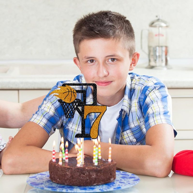 Yetxel Basketball 7th Birthday Cake Topper  Basketball theme happy birthday party cake decorations Basketball 7-year-old boy girl children's party cake Topper Happy 7th birthday to basketball cake top hat - Image 4