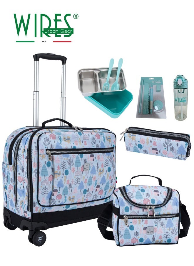 Wires 3 Piece Kids School Trolley Bag laptop compartment 8 Wheels With Lunch bag & Pencil Case  - Image 1