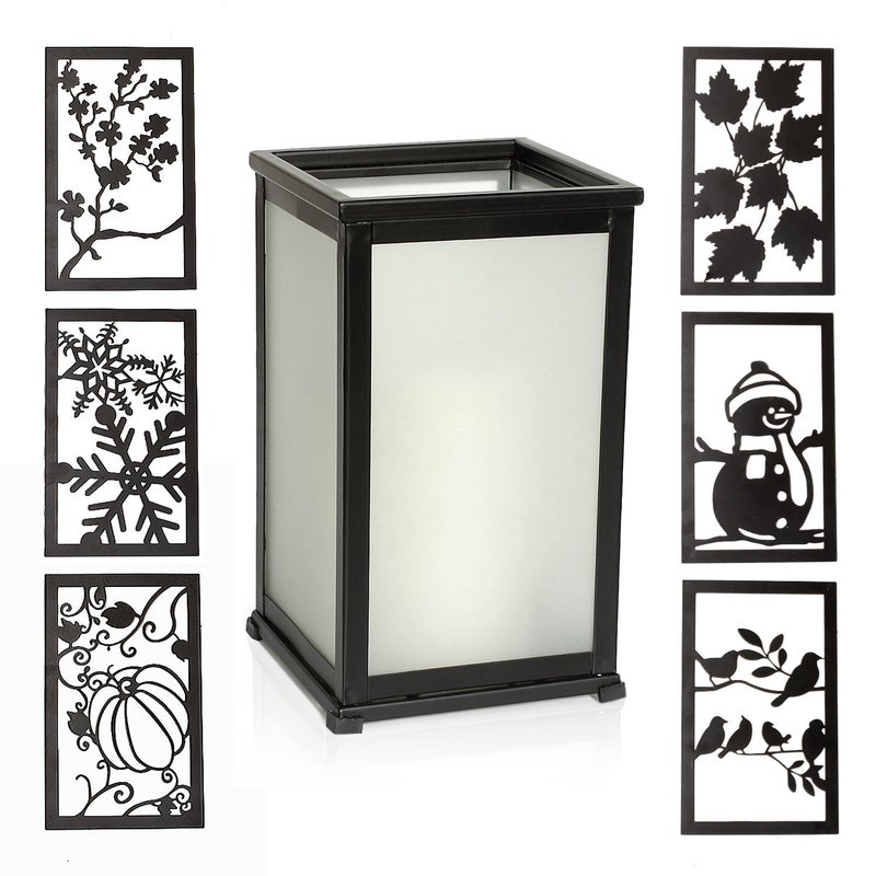 GiveU Decorative Led Candle Lantern with Timer Rustic Candle Lantern with Twelve Magnetic Seasonal Themed Panels 5 x 5 x 85 Black