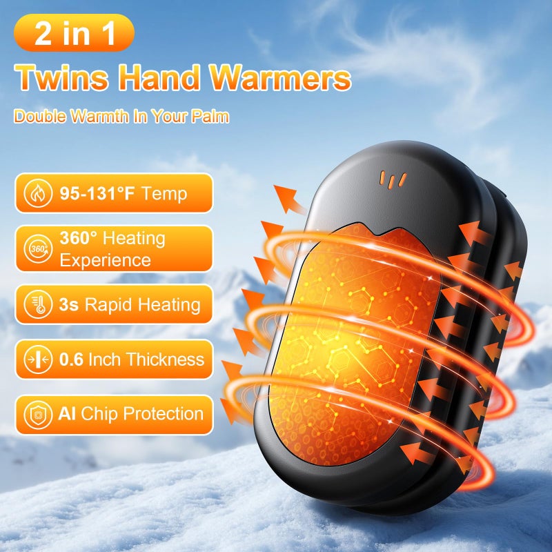 botkc Electric Hand Warmers Rechargeable 2 Pack with 3 Heating Mode,Portable Hand Heater,Smart Chips,USB Quick Charge, Winter Gifts for Christmas, Outdoor, Golf, Hunting, Camping,Valentine's Day Gifts - Image 2