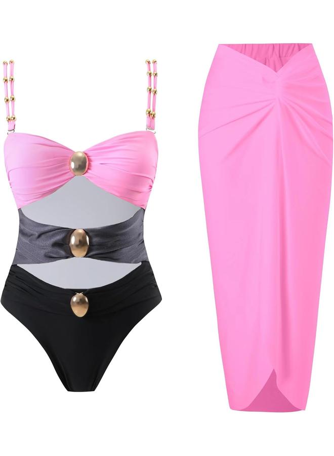 Y&D Women's One Piece Swimsuit with Cover up Set Beach Wrap Skirt Retro Bikini Set Two Piece Bathing Suit with Cover up - Image 1