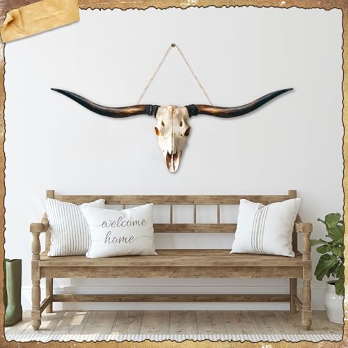 GlikCeil Flat Printed Longhorn Skull Wall Decor Wooden Longhorn Cow Door Sign Large Farmhouse Printed Pendant Decor Realistic Style Wooden Cow for Holiday Front Door Porch Wall - Image 3