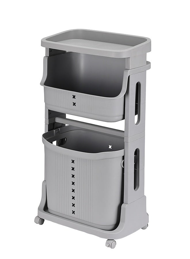 لوازم سلة غسيل بلاستيك بطبقتين - رمادي - سلة غسيل بعجلات وسلة سفلية قابلة للإزالة، تصميم موفّر للمساحة - مناسبة لتخزين الملابس وتنظيم الأغراض في الحمام، غرفة النوم، أو أي مكان في المنزل - Image 3