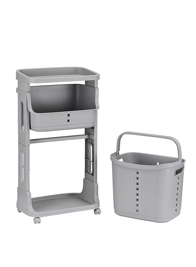 لوازم سلة غسيل بلاستيك بطبقتين - رمادي - سلة غسيل بعجلات وسلة سفلية قابلة للإزالة، تصميم موفّر للمساحة - مناسبة لتخزين الملابس وتنظيم الأغراض في الحمام، غرفة النوم، أو أي مكان في المنزل - Image 5