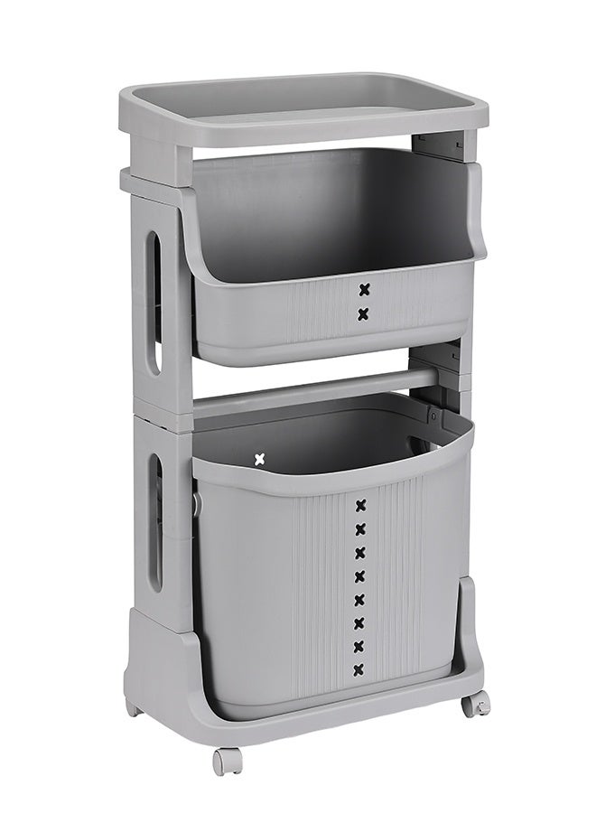 لوازم سلة غسيل بلاستيك بطبقتين - رمادي - سلة غسيل بعجلات وسلة سفلية قابلة للإزالة، تصميم موفّر للمساحة - مناسبة لتخزين الملابس وتنظيم الأغراض في الحمام، غرفة النوم، أو أي مكان في المنزل - Image 4