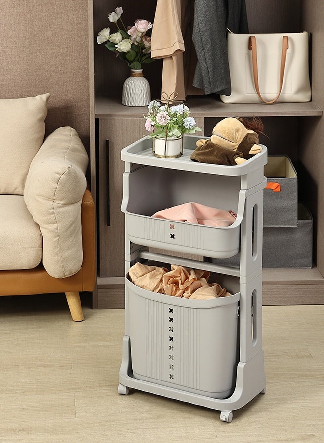 لوازم سلة غسيل بلاستيك بطبقتين - رمادي - سلة غسيل بعجلات وسلة سفلية قابلة للإزالة، تصميم موفّر للمساحة - مناسبة لتخزين الملابس وتنظيم الأغراض في الحمام، غرفة النوم، أو أي مكان في المنزل - Image 1