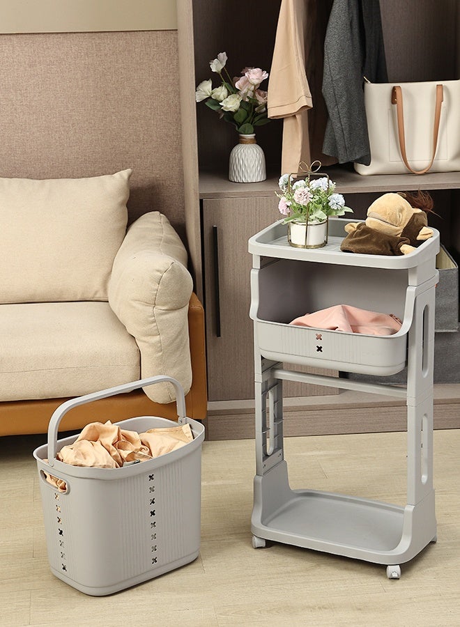 لوازم سلة غسيل بلاستيك بطبقتين - رمادي - سلة غسيل بعجلات وسلة سفلية قابلة للإزالة، تصميم موفّر للمساحة - مناسبة لتخزين الملابس وتنظيم الأغراض في الحمام، غرفة النوم، أو أي مكان في المنزل - Image 2