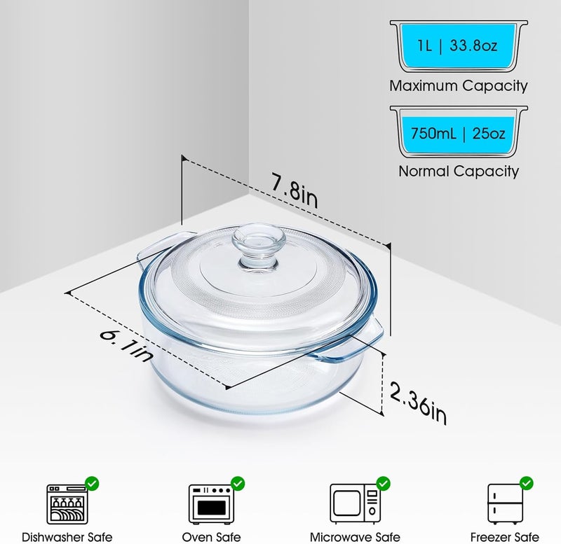 NUTRIUPS Mini Glass Casserole Dish with Lid Oven Safe Round Casserole Dish 6"" Glass Baking Dish With Lid Small Casserole Cookware (28.7oz), clear - Image 2