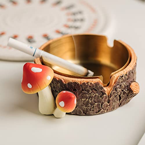 CHUNCHE Cute Mushroom Ashtray with Stainless Steel Tray for Cigarette, Natural Resin Ash Tray for Indoor or Outdoor use, Ash Holder for Home and Garden Decor - Image 2