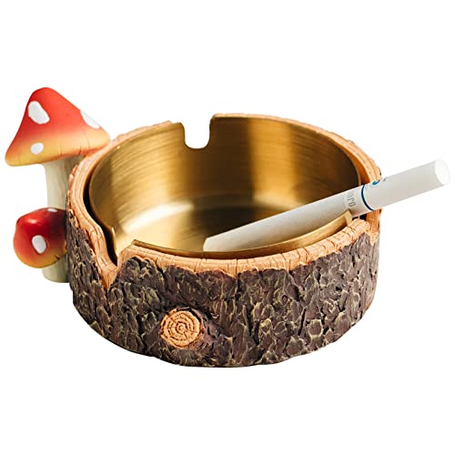 CHUNCHE Cute Mushroom Ashtray with Stainless Steel Tray for Cigarette, Natural Resin Ash Tray for Indoor or Outdoor use, Ash Holder for Home and Garden Decor - Image 1