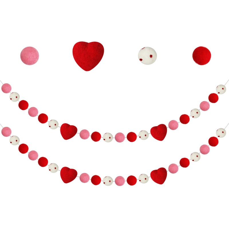 2 Pcs Valentines Day Felt Ball Garland with Red Heart  Valentines Decorations  Red Pink White Pom Pom Garland for Home TreeValentines Day Indoor Outdoor Home Fireplace Mantle Room Hanging Decor