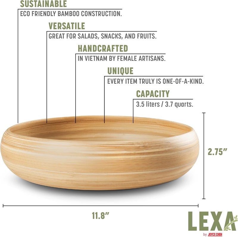 LEXA 12" Handmade Natural Bamboo Wooden Fruit Bowl for Kitchen Counter - 130 oz Lightweight Large Bamboo Wood Salad Bowl - Image 2