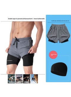 Swimming Trunks Men's Sports Double-layer Anti-embarrassment Quick-drying Breathable Five-point Loose Shorts Beach Pants Three-point Running Pants-Color:dark Gray 2-piece Set (swimming Trunks Swimming Cap) 1001-