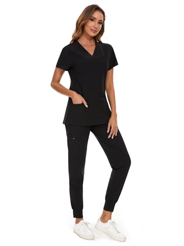 COZYFIT Scrubs for Women Set - Stretch V-Neck Scrub Top & Jogger Pant with 8 Pockets, Yoga Waistband, Anti Wrinkle, Slim Fit Women Scrubs - Black, M, Tall - Image 4