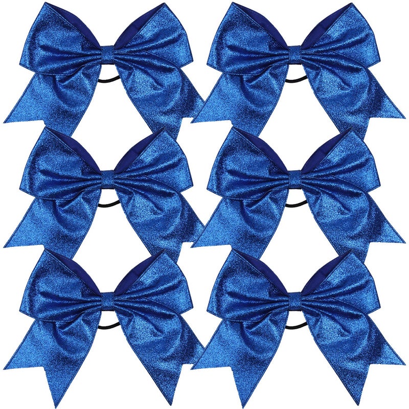 Cheerleader Bows Cheerleading 8 inch Sparkle Glitter Ponytail Holder Hair Tie School for High School College Girl Team Sports 6 Pcs  Royal Blue
