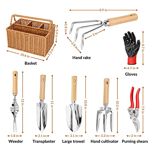 SOLIGT Garden Tools Set with Basket, Heavy Duty Stainless Steel Gardening Hand Tool with Wood Handle, Pruning Shears, Gloves - Perfect Gardening Gifts Planting Supplies for Women Men - Image 2
