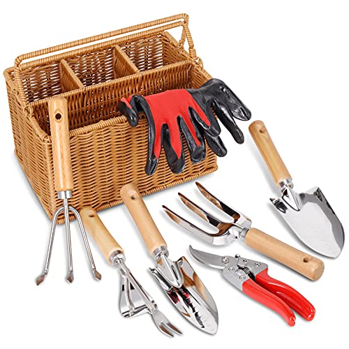 SOLIGT Garden Tools Set with Basket, Heavy Duty Stainless Steel Gardening Hand Tool with Wood Handle, Pruning Shears, Gloves - Perfect Gardening Gifts Planting Supplies for Women Men - Image 1