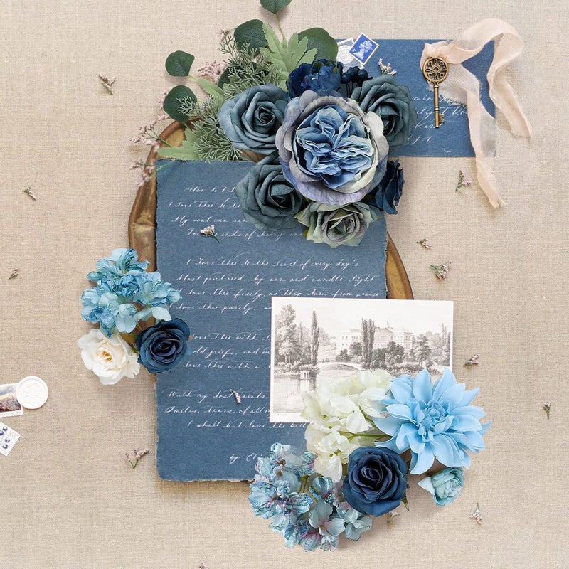 Kisflower Blue Flowers Artificial Combo Cake Flowers Decorations Fake Silk Roses Dahlia Peony Flowers Gift Box for DIY Wedding Bridal Bouquet Centerpieces Arrangements (Dusty Blue) - Image 2