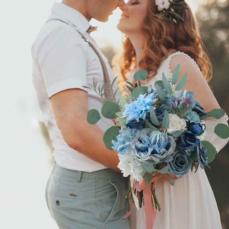 Kisflower Blue Flowers Artificial Combo Cake Flowers Decorations Fake Silk Roses Dahlia Peony Flowers Gift Box for DIY Wedding Bridal Bouquet Centerpieces Arrangements (Dusty Blue) - Image 4