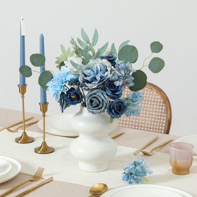 Kisflower Blue Flowers Artificial Combo Cake Flowers Decorations Fake Silk Roses Dahlia Peony Flowers Gift Box for DIY Wedding Bridal Bouquet Centerpieces Arrangements (Dusty Blue) - Image 5
