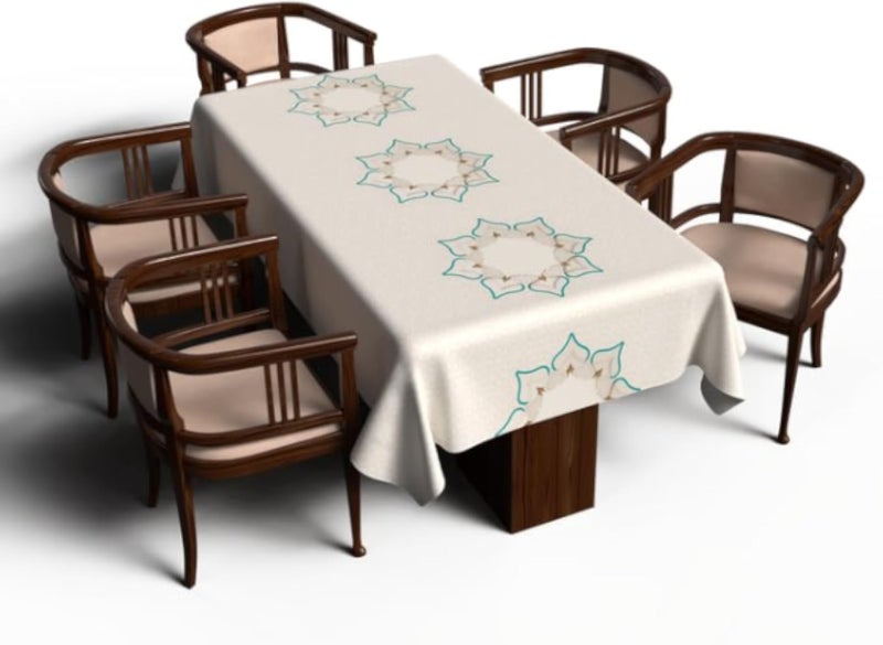 مفرش طاولة "دورا" الرمضاني الفريد من نوعه من "آرت مود هوم"، مصنوع من قماش البوليستر المقاوم للماء، باللونين البيج والأزرق، مقاس 140 سم عرض × 140 سم طول.