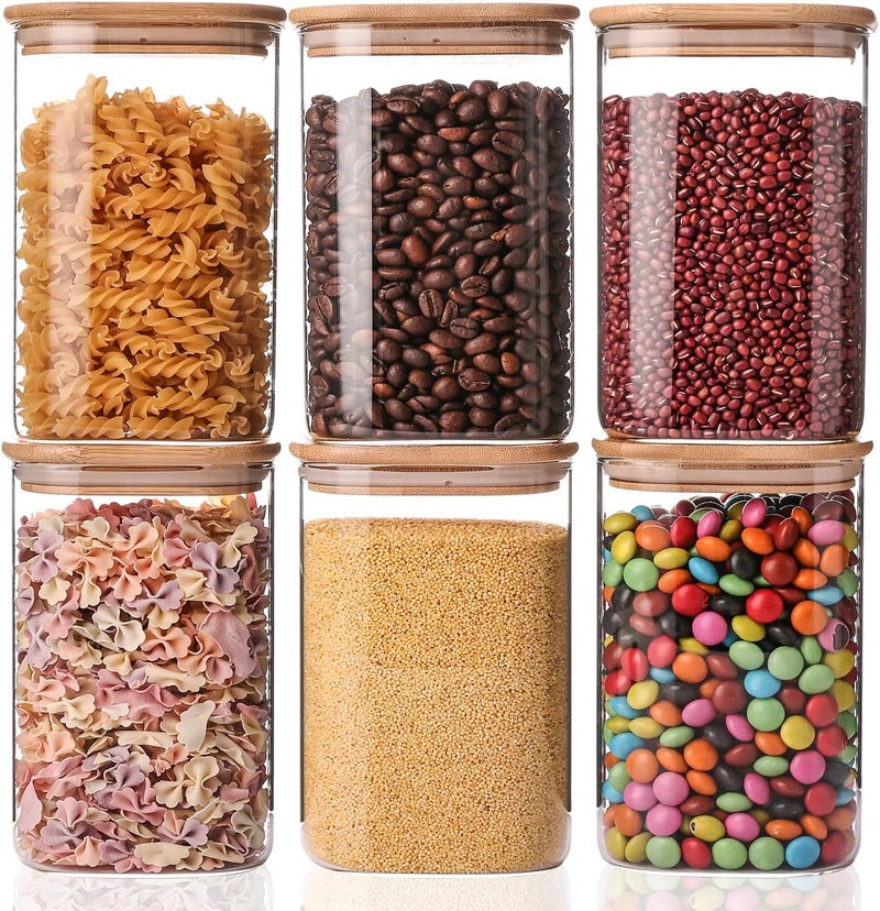 YUNCANG Glass Storage Jars 6 Pack 37oz Clear Glass Food Storage Containers with Airtight Bamboo Lid Stackable Kitchen Canisters for Candy,Cookie,Rice,Sugar,Flour,Pasta,Nuts and Spice Jars(Square) - Image 1