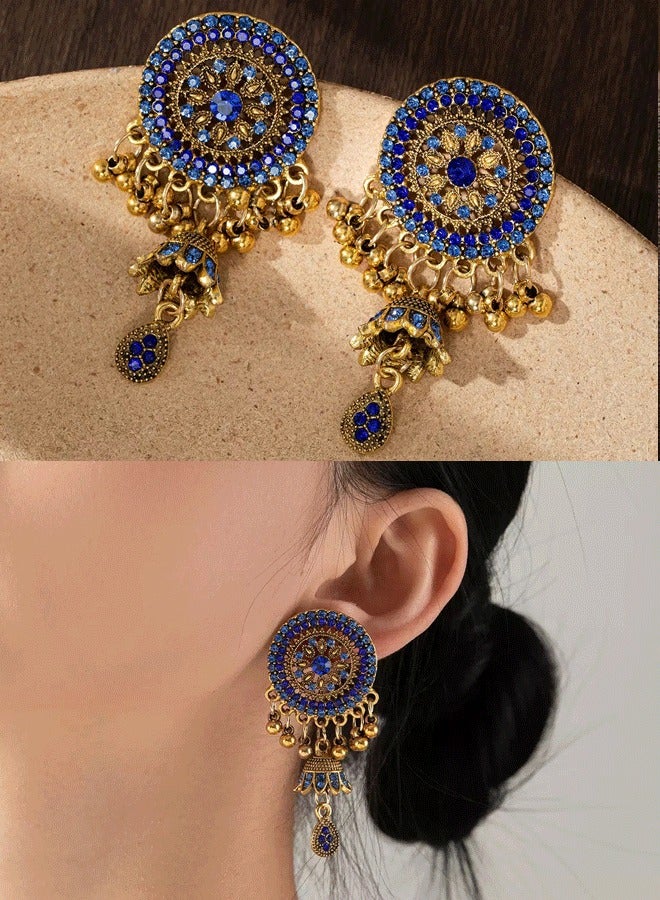 Indian Jhumka Earrings for Ladies, Blue Zircon Gold Plated Ethnic Ear Rings, Fashion Jewelry for Weddings & Diwali - Image 1