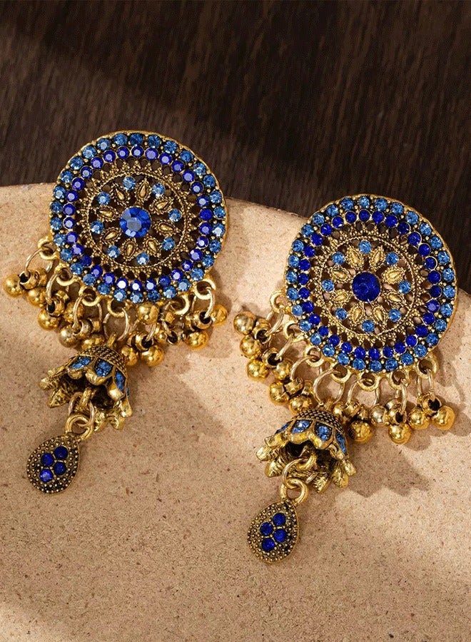 Indian Jhumka Earrings for Ladies, Blue Zircon Gold Plated Ethnic Ear Rings, Fashion Jewelry for Weddings & Diwali - Image 4
