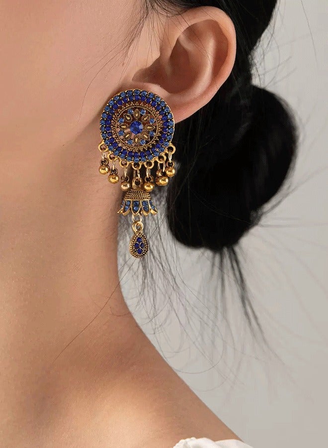 Indian Jhumka Earrings for Ladies, Blue Zircon Gold Plated Ethnic Ear Rings, Fashion Jewelry for Weddings & Diwali - Image 2
