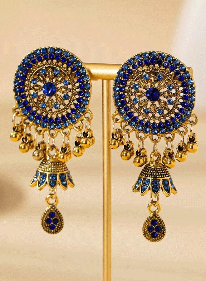 Indian Jhumka Earrings for Ladies, Blue Zircon Gold Plated Ethnic Ear Rings, Fashion Jewelry for Weddings & Diwali - Image 3