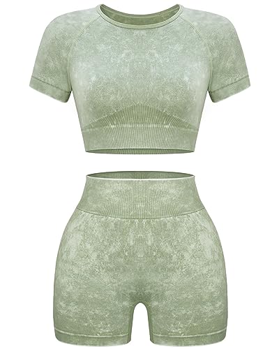 OLCHEE Womens Workout Sets 2 Piece - Seamless Acid Wash Yoga Outfits Leggings Shorts and Crop Top Matching Gym Activewear Athletic Clothing Set - Green Small - Image 1
