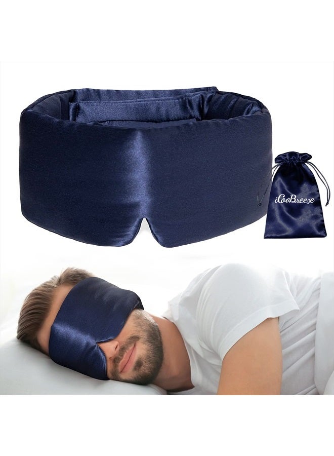 iCooBreeze 100% Natural Silk Eye Mask for Women Men, Soft Pressureless Cooling Blackout Eye Covers for Sleeping, Large Size Sleep Mask fits All Heads Adjustable, 1PC, Navy Blue - Image 1