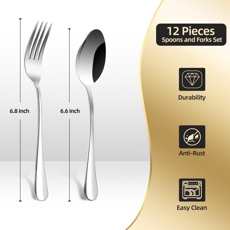 ITITT 12 Pieces Spoons And Forks Set Food Grade Stainless Steel Flatware Cutlery Set 6 Forks(6.8 Inch) And 6 Spoons(6.6Inch) Silverware Set For Home Kitchen Restaurant-Mirror Polished & Dishwasher Safe - Image 2