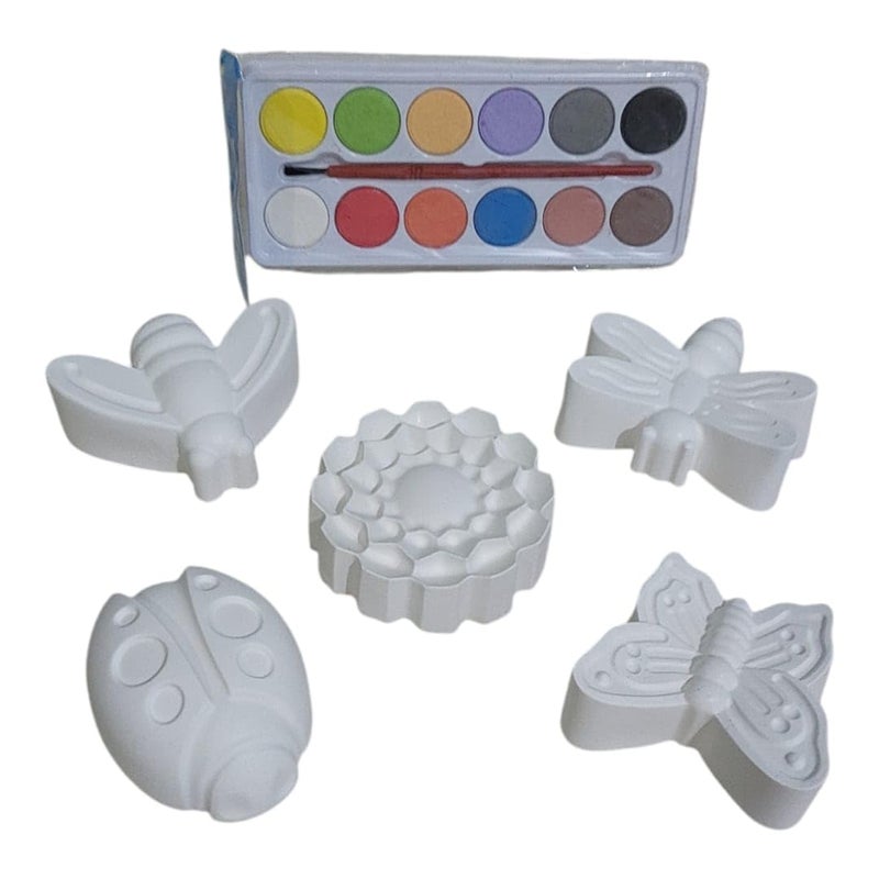 Gypsum Set for Coloring + 12-Colors Watercolor Palette + Brush. Includes a Variety of Entertaining Shapes Such as Flower and Butterflies,... (5 Shapes + 12-Color)