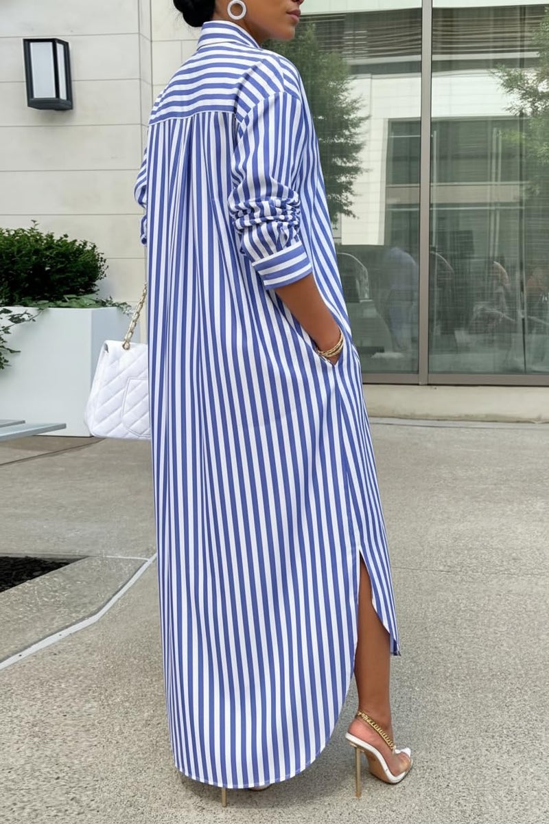 Choichic Shirt Dresses for Women Casual Cotton Long Button Down Oversized Striped Maxi Dress Cover Up with Pockets XX-Large Blue - Image 3